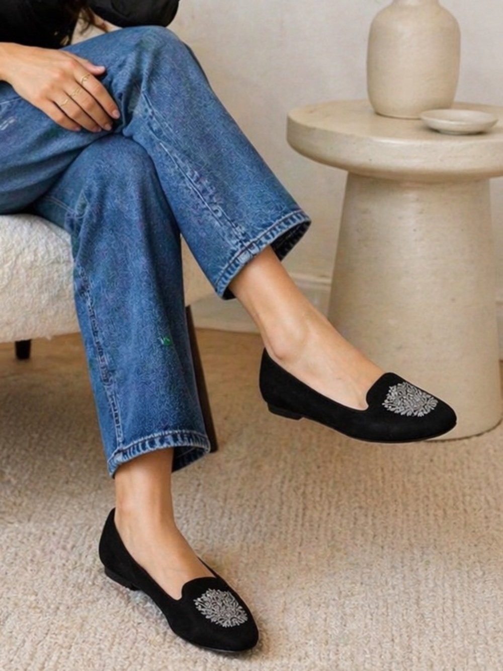 barbo Black and Silver Flats with Ornate Design